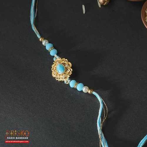 Royal Blue Stone Rakhi – Elegant Handmade Rakhi for Brother