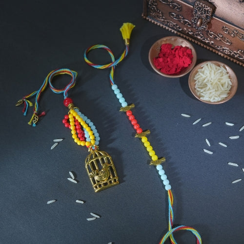 Handmade Bhaiya Bhabhi Rakhi Set – Multicolor Beads with Golden Cage Charm