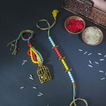 Handmade Bhaiya Bhabhi Rakhi Set – Multicolor Beads with Golden Cage Charm