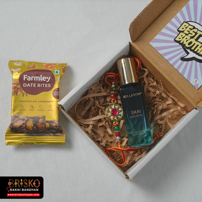 Box Rakhi Hamper – Bellavita Perfume & Healthy Treat with Rakhi for Brother