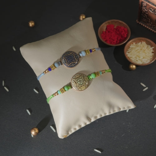 Handmade Rakhi Combo – Antique Blue & Green Thread Rakhi Set for Brother