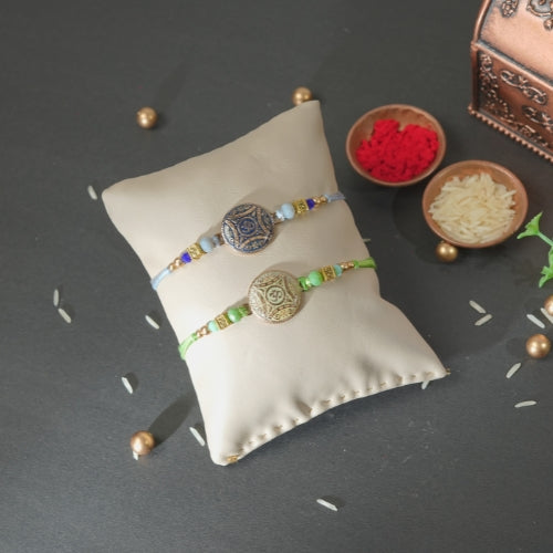 Handmade Rakhi Combo – Antique Blue & Green Thread Rakhi Set for Brother