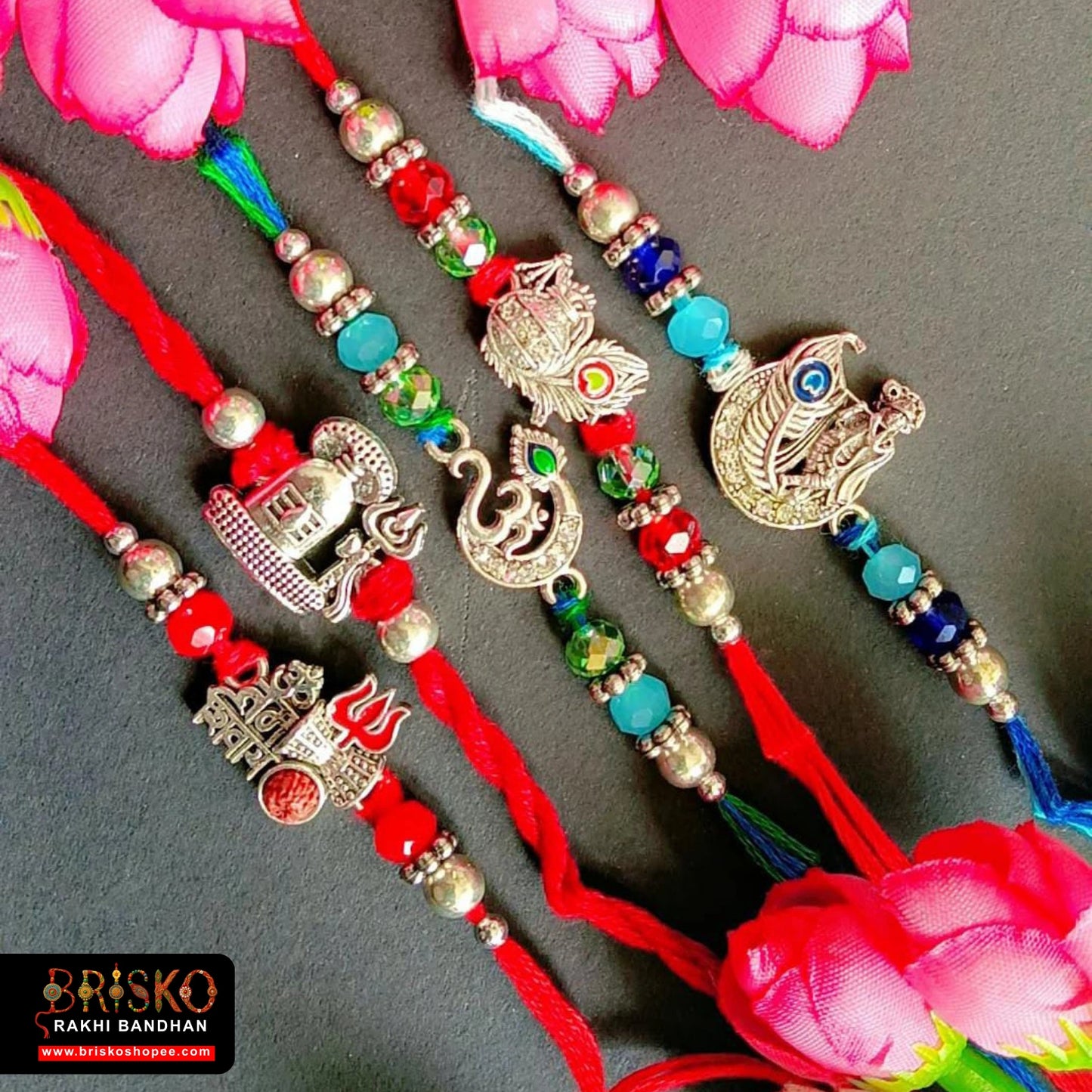 Spiritual Rakhi Combo Set of 5 – Om, Temple & Rudraksha Charm Rakhis