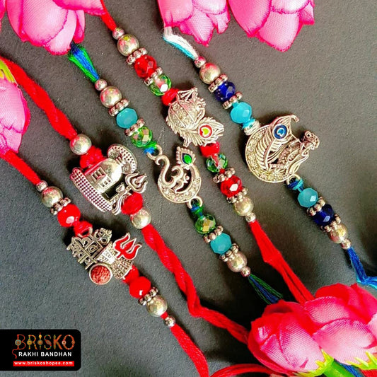 Spiritual Rakhi Combo Set of 5 – Om, Temple & Rudraksha Charm Rakhis