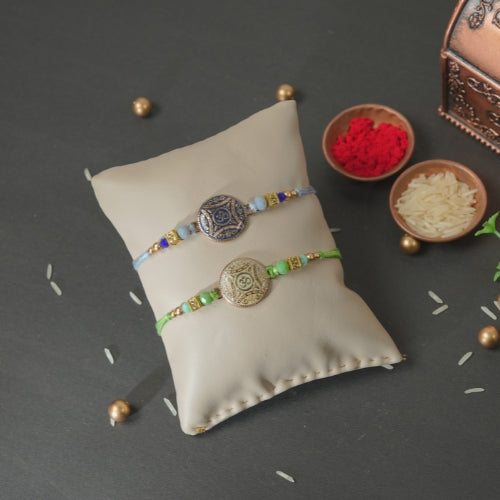 Handmade Rakhi Combo – Antique Blue & Green Thread Rakhi Set for Brother