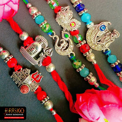 Spiritual Rakhi Combo Set of 5 – Om, Temple & Rudraksha Charm Rakhis