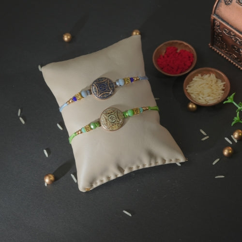 Handmade Rakhi Combo – Antique Blue & Green Thread Rakhi Set for Brother