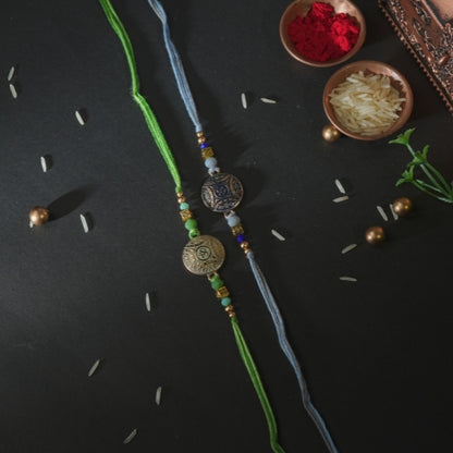 Handmade Rakhi Set – Dual Antique Thread Rakhi in Blue and Green for Brother