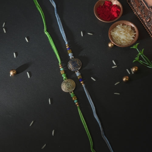 Handmade Rakhi Set – Dual Antique Thread Rakhi in Blue and Green for Brother