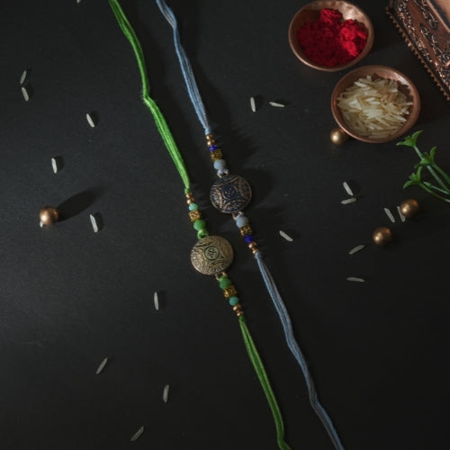 Handmade Rakhi Set – Dual Antique Thread Rakhi in Blue and Green for Brother