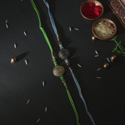 Handmade Rakhi Set – Dual Antique Thread Rakhi in Blue and Green for Brother
