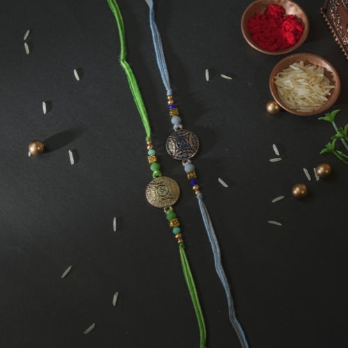 Handmade Rakhi Set – Dual Antique Thread Rakhi in Blue and Green for Brother