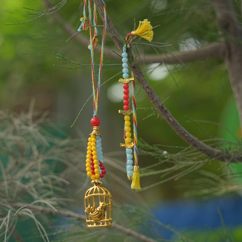 Handmade Bhaiya Bhabhi Rakhi Set – Multicolor Beads with Golden Cage Charm