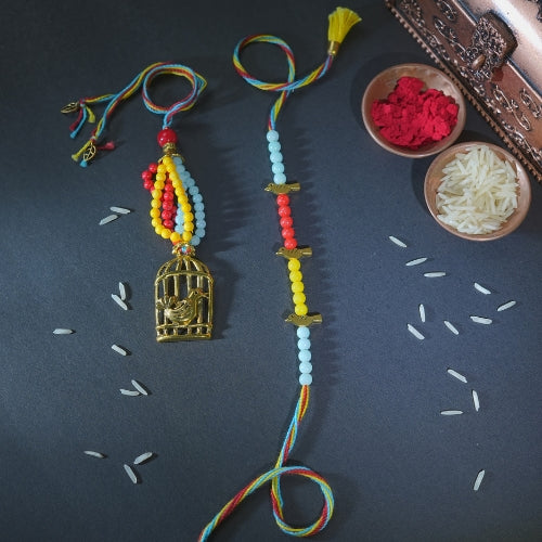 Handmade Bhaiya Bhabhi Rakhi Set – Multicolor Beads with Golden Cage Charm