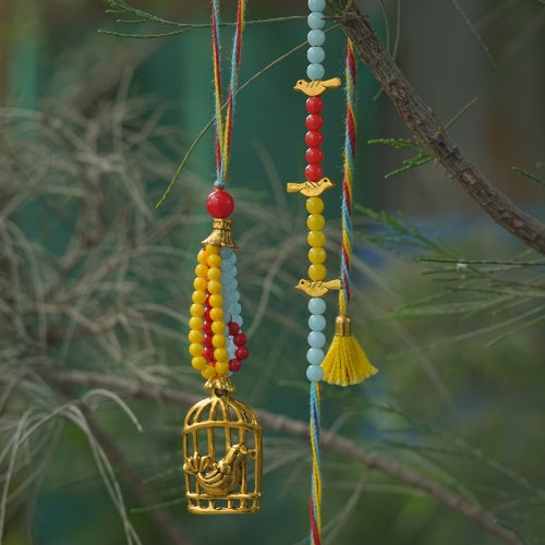 Handmade Bhaiya Bhabhi Rakhi Set – Multicolor Beads with Golden Cage Charm