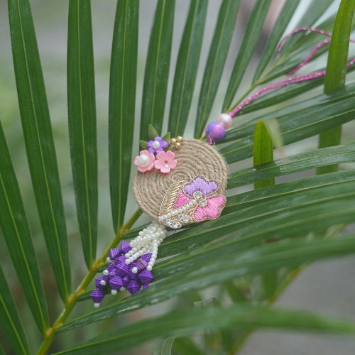 Handmade Bhaiya Bhabhi Rakhi Pair – Rustic Jute Floral Design with Pearls & Purple Tassels