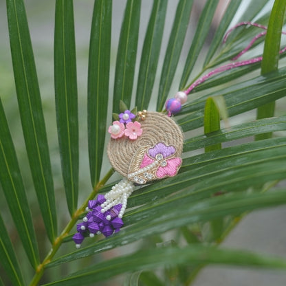 Handmade Bhaiya Bhabhi Rakhi Pair – Rustic Jute Floral Design with Pearls & Purple Tassels