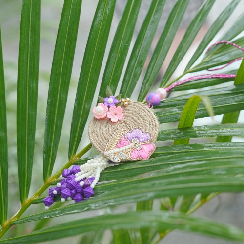 Handmade Bhaiya Bhabhi Rakhi Pair – Rustic Jute Floral Design with Pearls & Purple Tassels