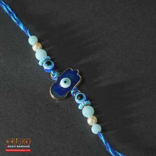 Hamsa Evil Eye Rakhi with Blue Thread – Handmade Nazar Raksha Rakhi for Brother