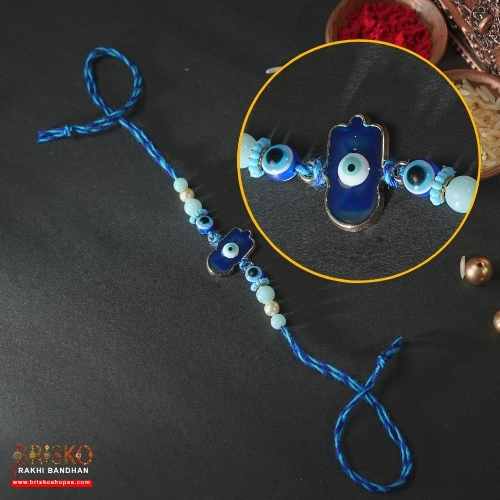 Hamsa Evil Eye Rakhi with Blue Thread – Handmade Nazar Raksha Rakhi for Brother