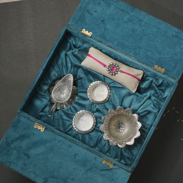 Handmade Rakhi Gift Box – Silver Oxidised Rakhi with Puja Thali Set & Velvet Floral Box