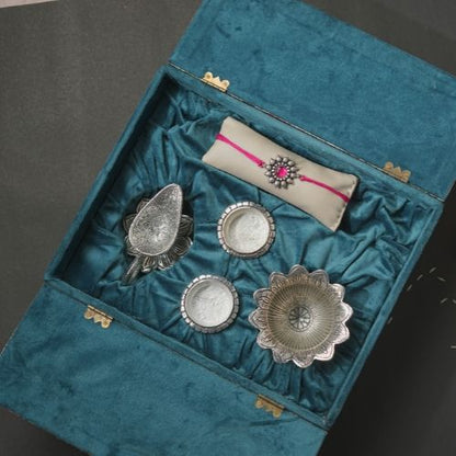 Handmade Rakhi Gift Box – Silver Oxidised Rakhi with Puja Thali Set & Velvet Floral Box