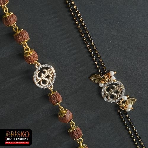 Rudraksha & Om Lumba Pair Rakhi – Spiritual Bhaiya Bhabhi Rakhi Set