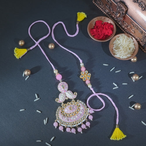 Handmade Bhaiya Bhabhi Rakhi Pair – Pastel Pink Floral Lumba with Beads & Kundan Work