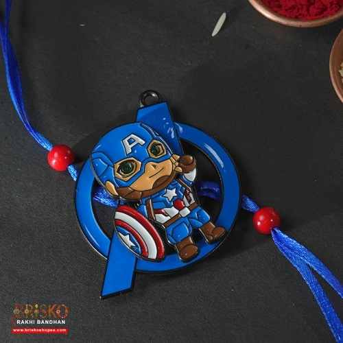 Captain America Rakhi for Kids – Handmade Rakhi with Cartoon Superhero Charm & Red Satin Thread