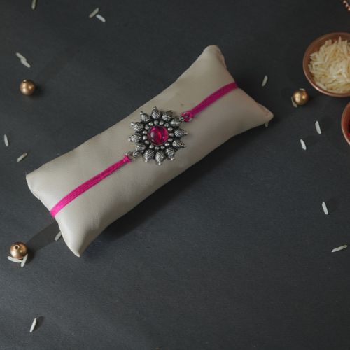 Handmade Rakhi Gift Box – Silver Oxidised Rakhi with Puja Thali Set & Velvet Floral Box