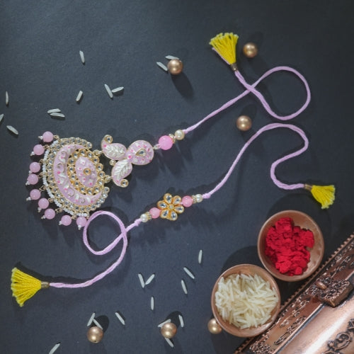Handmade Bhaiya Bhabhi Rakhi Pair – Pastel Pink Floral Lumba with Beads & Kundan Work