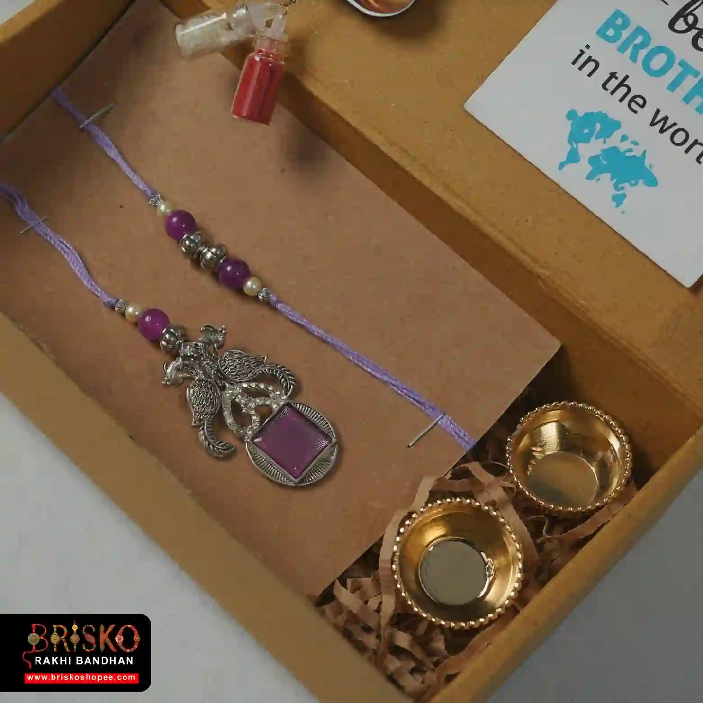 Box Rakhi Hamper – Elegant Pair Rakhi Set with Roli Chawal & Gifting Card