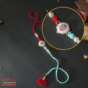 Red & Blue Evil Eye Handmade Rakhi – Stylish Protection for Brother