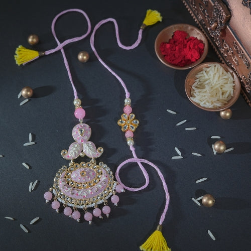 Handmade Bhaiya Bhabhi Rakhi Pair – Pastel Pink Floral Lumba with Beads & Kundan Work