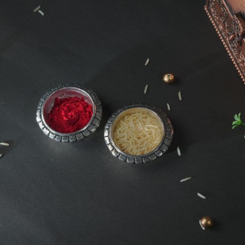 Handmade Rakhi Gift Box – Silver Oxidised Rakhi with Puja Thali Set & Velvet Floral Box