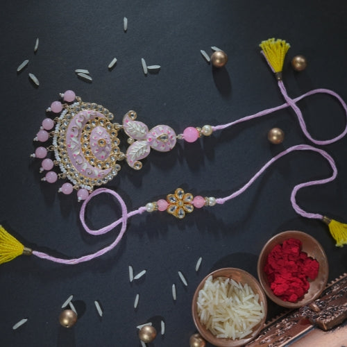 Handmade Bhaiya Bhabhi Rakhi Pair – Pastel Pink Floral Lumba with Beads & Kundan Work