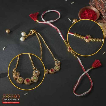 Antique Pearl Drop Lumba Pair Rakhi – Regal Elegance for Bhaiya Bhabhi