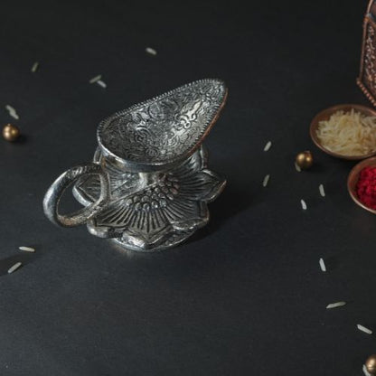 Handmade Rakhi Gift Box – Silver Oxidised Rakhi with Puja Thali Set & Velvet Floral Box